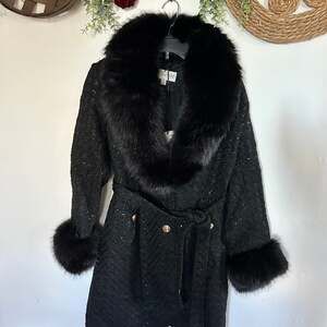 B. Coature Faux Fur-Collar Wool-Blend Long Coat size s